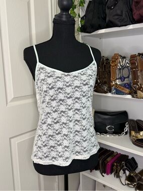 White Sheer Lace Spaghetti-Strap Racer Back Cami With Blue Accent